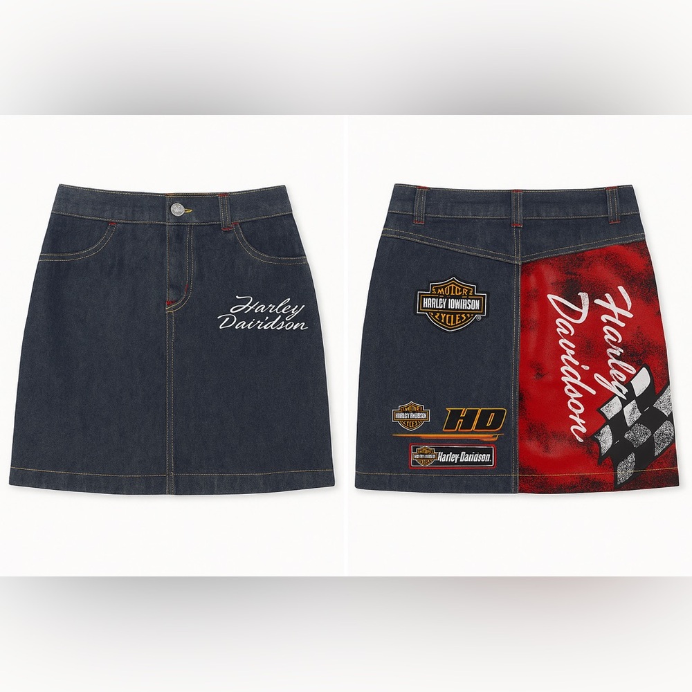 Y2K Harley-Davidson Denim Mini Skirt | Racing Graphic | Tagged 14